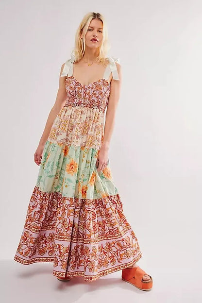 Shirring Chest Strap Floral Sleeveless Boho Dress