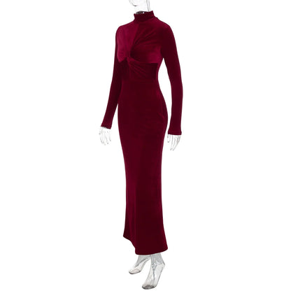 Pleated Twist Long Sleeve Maxi Dress