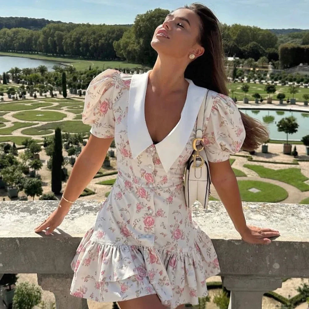 Printed Ruffle V Neck Slim Mini Dress