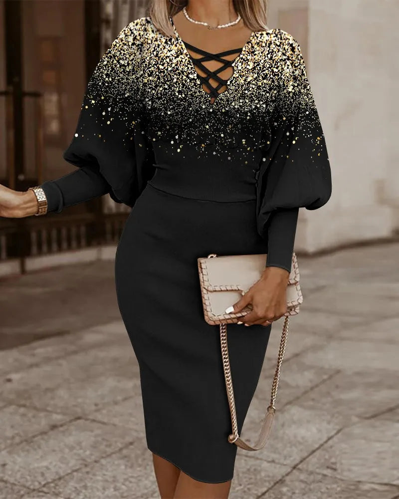 Geometric Print Lace-Up V-Neck Lantern Sleeve Ribbed Cuff Bodycon Midi Dress