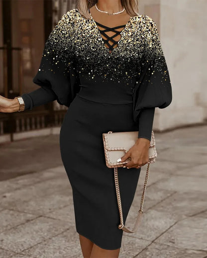 Geometric Print Lace-Up V-Neck Lantern Sleeve Ribbed Cuff Bodycon Midi Dress