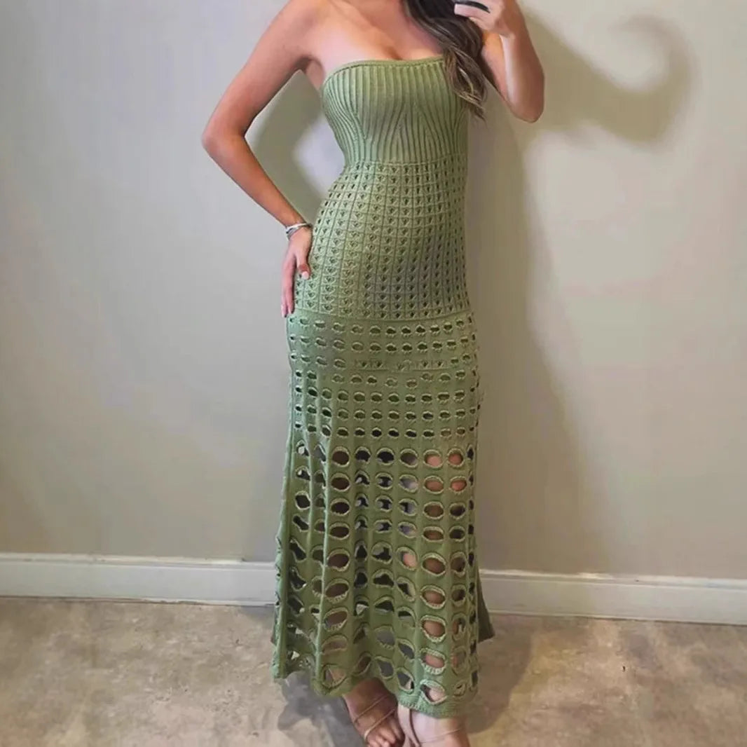 Hollow Strapless Knitted Maxi Dress
