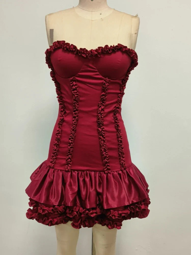 Red Ruffles Strapless Mini Dress