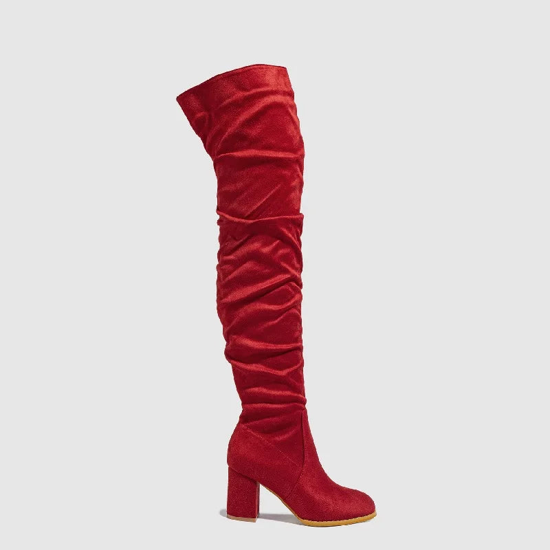 Winter Zipper Women Over-the-Knee Boots Fashion Flock Square Heel Shoes