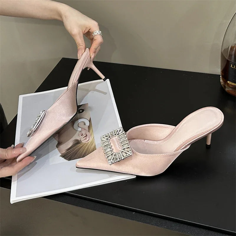 Crystal Buckle Pointed Toe Thin Heel Slippers for Women - Fashionable Casual Party Mules
