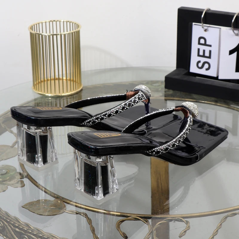 Women's Rhinestone Square Toe Flip Flops with Transparent Thick Heel