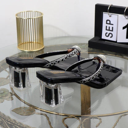 Women's Rhinestone Square Toe Flip Flops with Transparent Thick Heel