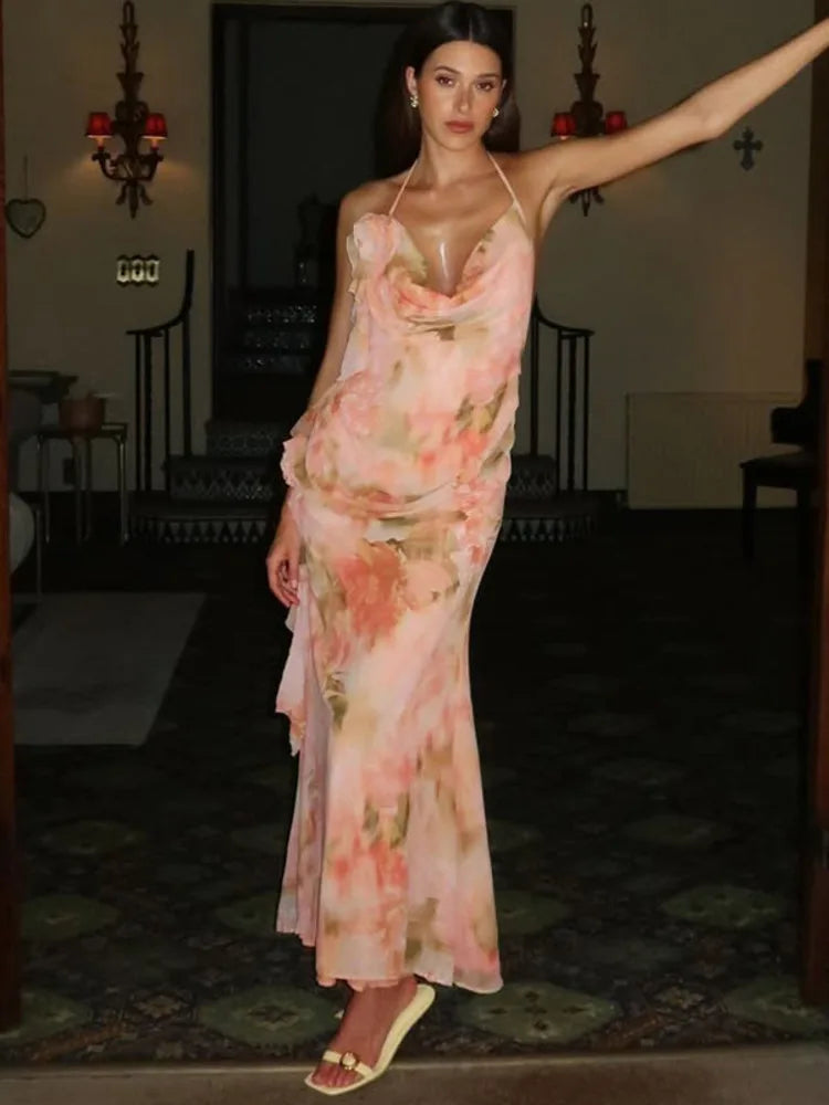 Halter Print Ruffle Sleeveless Backless Vacation Dress