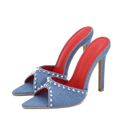 Metal Rivet Designer High Heels Women Slippers for Summer Fashion