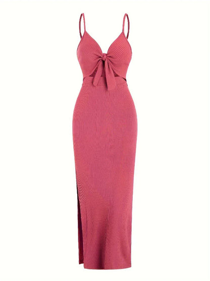 Maribel Tie Front Maxi Dress | Ribbed Slim Fit | Cutout Detail