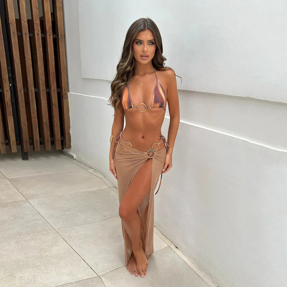 Print Micro Long Skirt Sexy Three Piece Swim Sets