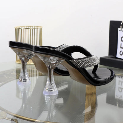 Autumn flip flops with transparent high heels and rhinestone embellishments for women's outdoor wear.