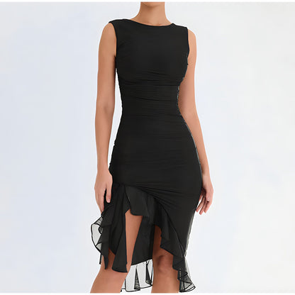 Sleeveless Round Neck Ruched Tiered Ruffle Hem High Split Midi Dress