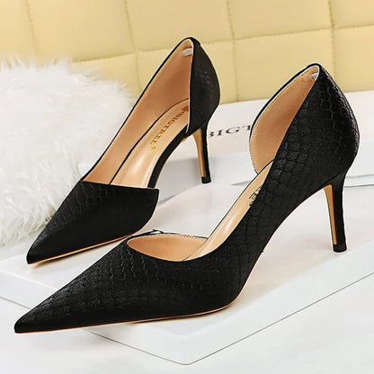 Snake-print Satin Women Pumps with Pointed Toe Kitten Heels