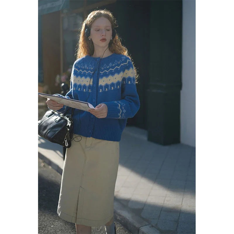 Patchwork Cropped Vintage Knit Cardigan