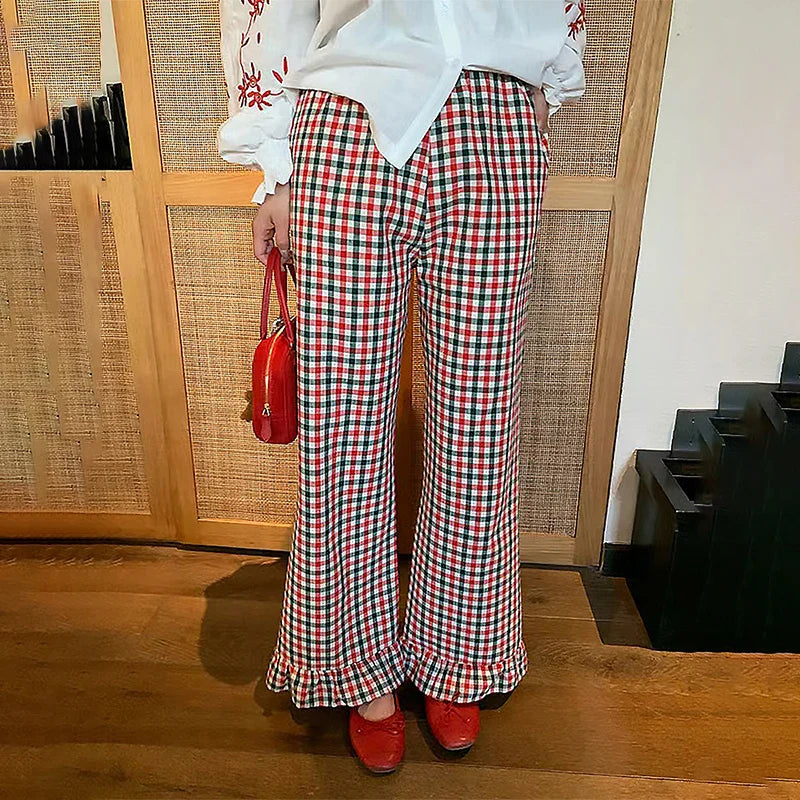 Ruffled Plaid Flared Casual Pant