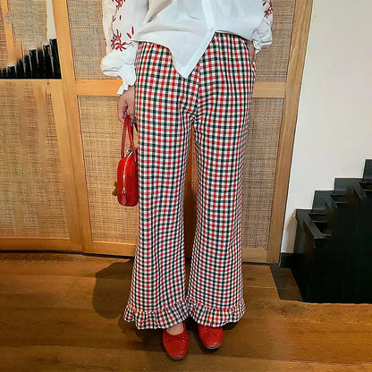 Ruffled Plaid Flared Casual Pant