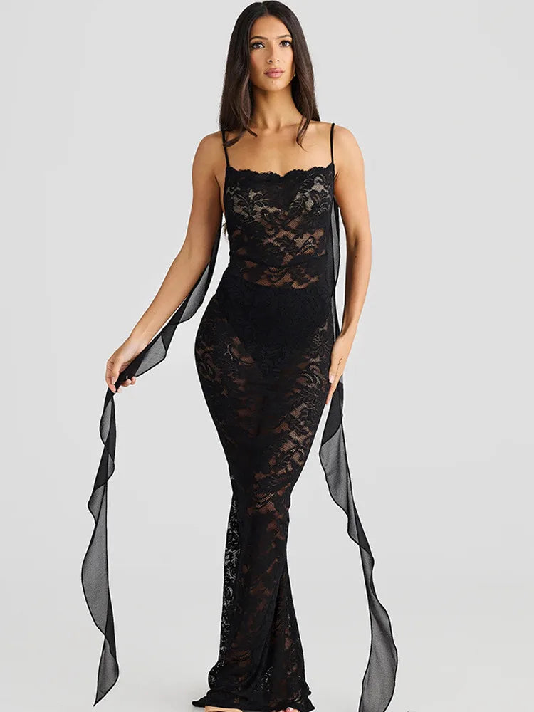 | Backless Lace Mermaid Gown with Chiffon Streamers