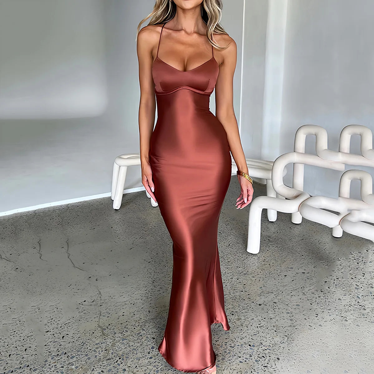 Satin Mermaid Lace-Up Maxi Dress