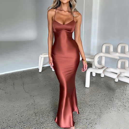 Satin Mermaid Lace-Up Maxi Dress
