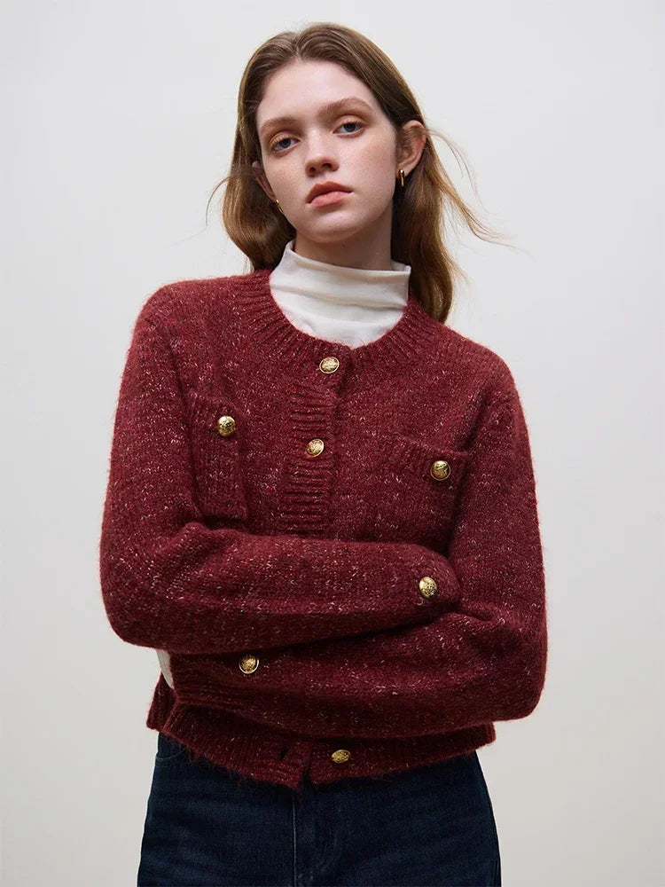 Wool Short Button Round Neck Cardigan