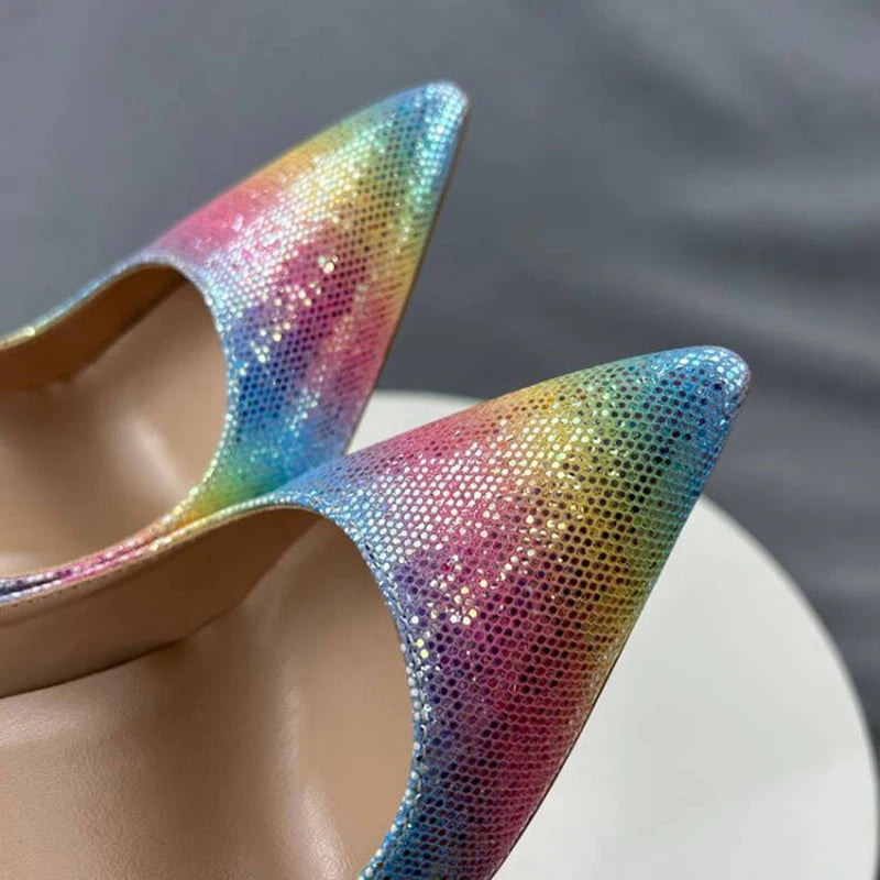Colorful Rainbow Stiletto Pumps Women Sexy Pointed Toe 12cm High Heels