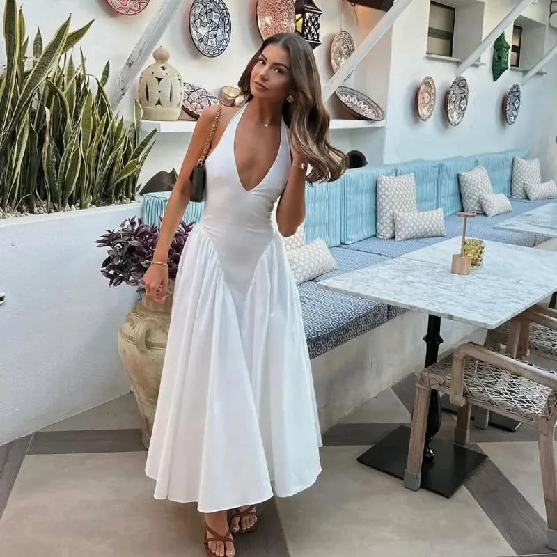 Deep V Backless Halterneck Maxi Dress