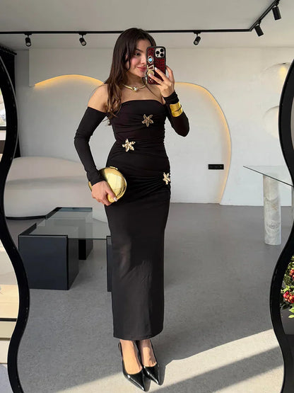 Metal Buckle Off-shoulder Backless Long Dress