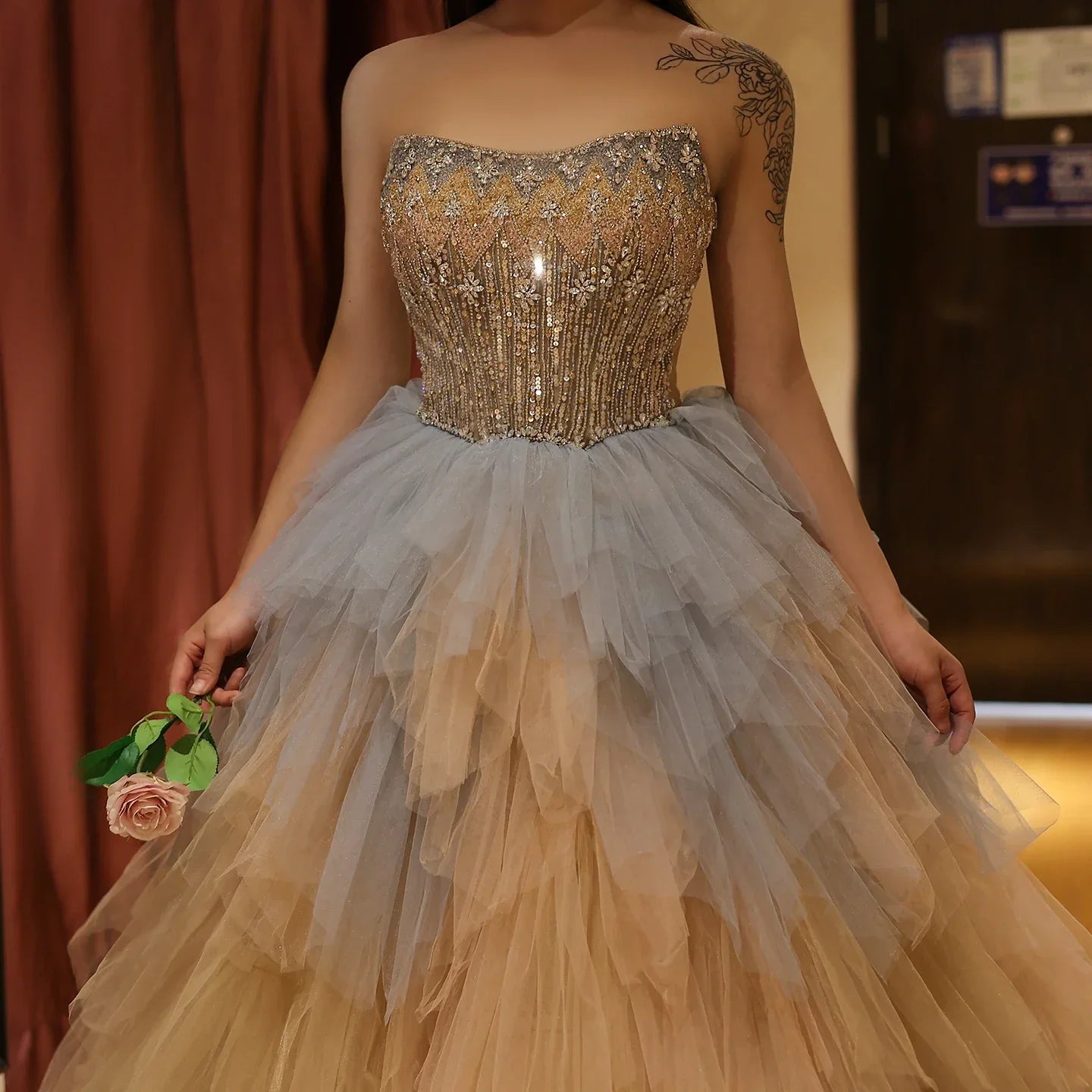 Rose Gold Ruffles Princess Ball Gown Evening Dress
