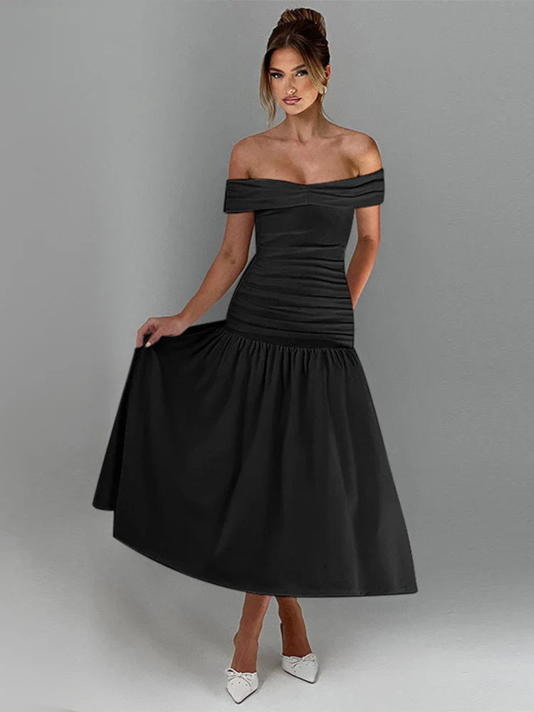 Ruched One-Shoulder A-Line Maxi Dress