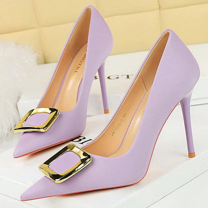 Metal Buckle High Heels Women Shoes Silks Satins Pointed Toe