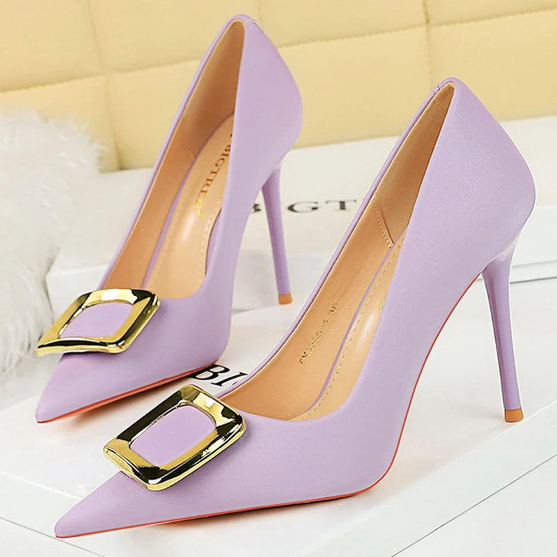 Metal Buckle High Heels Women Shoes Silks Satins Pointed Toe