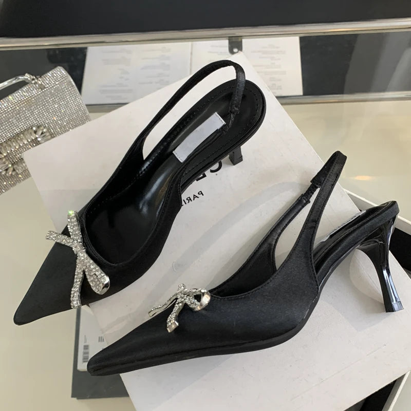 CRYSTAL Butterfly-knot Women Pumps with Sexy Pointed Toe and Slingbacks, Low Thin Heel