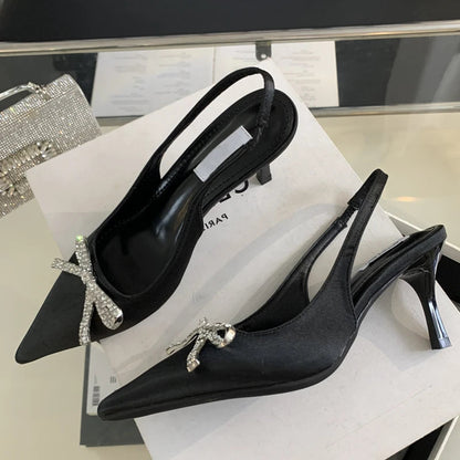 CRYSTAL Butterfly-knot Women Pumps with Sexy Pointed Toe and Slingbacks, Low Thin Heel