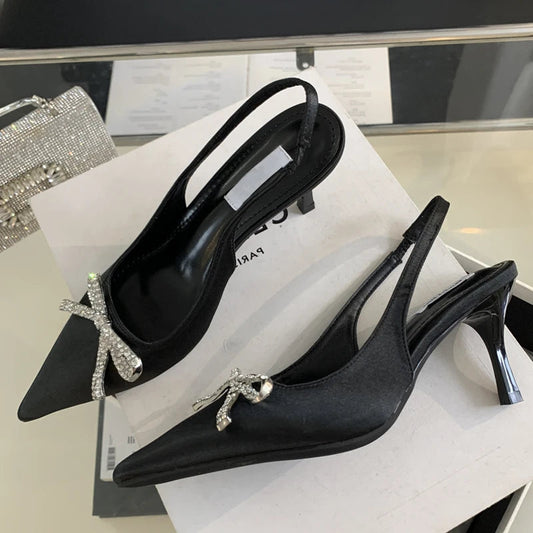 CRYSTAL Butterfly-knot Women Pumps with Sexy Pointed Toe and Slingbacks, Low Thin Heel