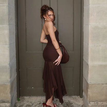 Brown Off-shoulder Strapless Long Dress