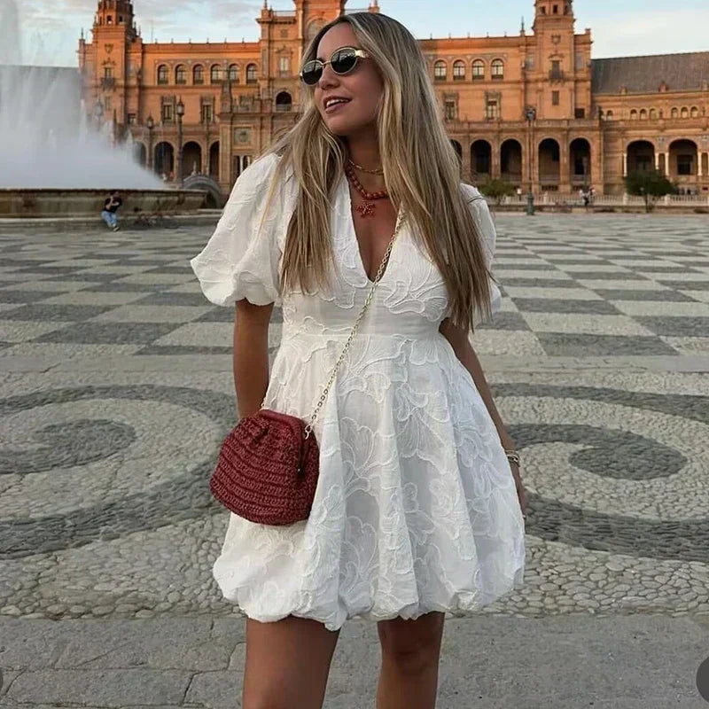 Jacquard Floral V-Neck Puff Sleeve Bubble Hem Mini Dress
