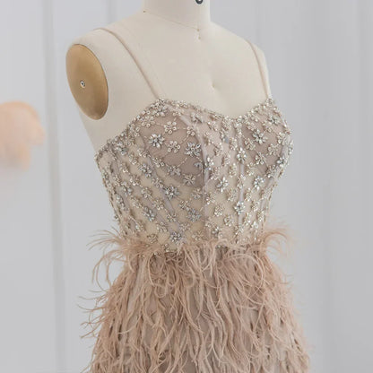 Feathers Spaghetti Straps Side Slit Prom Dress