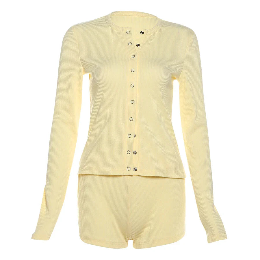 Leisure Stretch 2-Piece Set Women Single-Breasted Long Sleeves o-Neck Blouse+Basis Shorts Simple Classic Street Suits