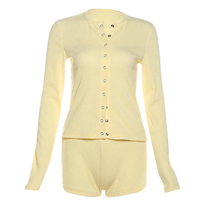 Leisure Stretch 2-Piece Set Women Single-Breasted Long Sleeves o-Neck Blouse+Basis Shorts Simple Classic Street Suits