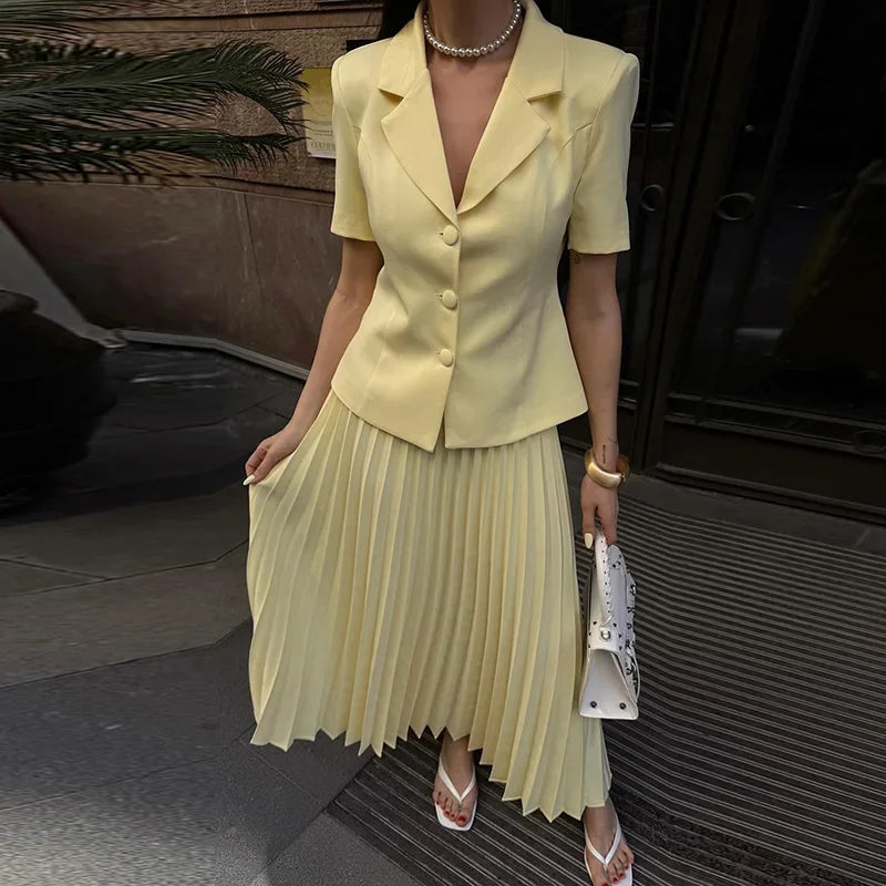 Button Lapel Pleated Skirt Coat