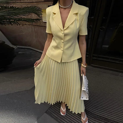 Button Lapel Pleated Skirt Coat