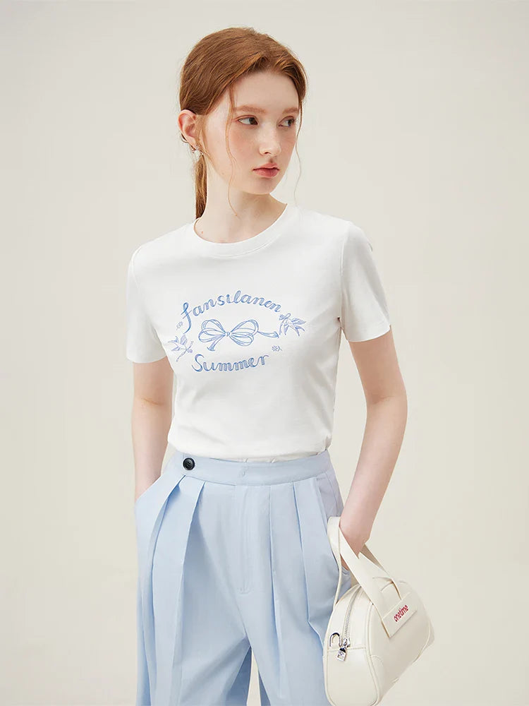 Bow Letter Print Slim Black T-shirt