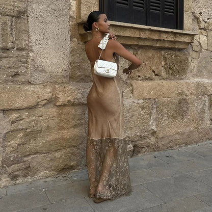 Lace Slash Backless Strap Midi Dress