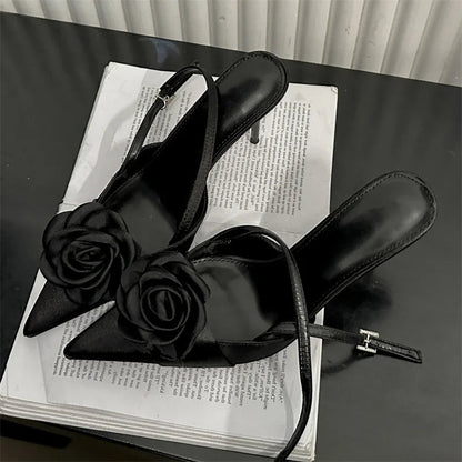 Thin High Heels Buckle Strap Women Pumps with Sexy Flower Pointed Toe Mules