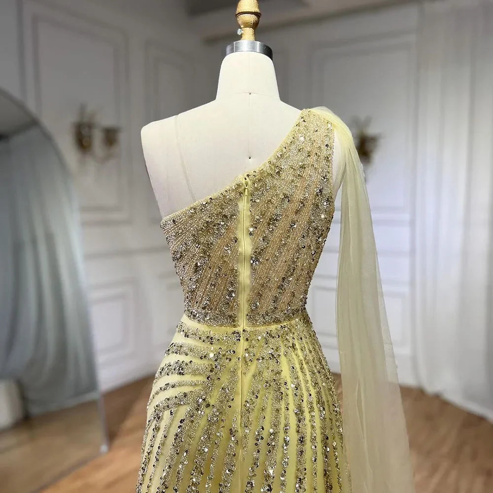 One-Shoulder Cape Sleeve Beaded Evening Dresses