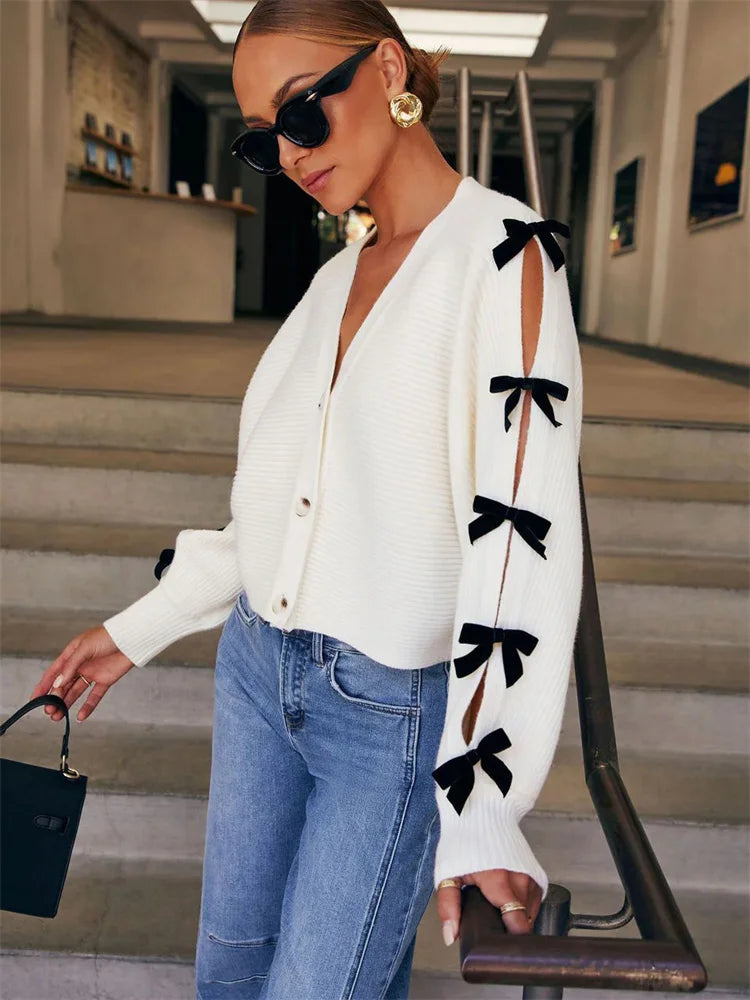 Bow Ribbed Hollow Knit Coat