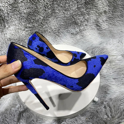 Blue Cow Women Hairy Flock Pointy Toe High Heel Shoes   Cow Women High Heel Shoes