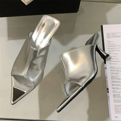 Summer Pointed Peep Toe Slide Slippers Women Thin Low Heels
