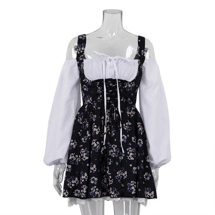 Floral Corset Lace Up Square Neck Eyelet Lace Trim Bubble Hem Mini Dress